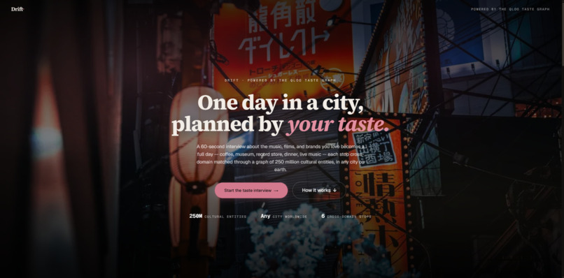 Drift — Taste-grounded itineraries powered by Qloo – screenshot 1