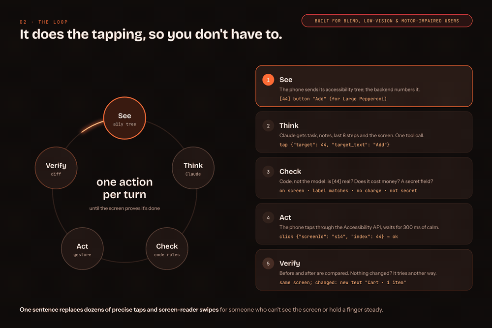The agent loop: see, think, check, act, verify