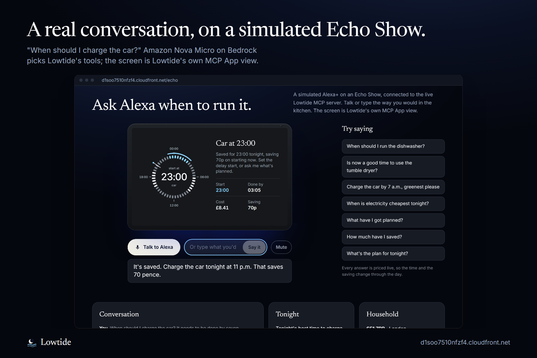 A real conversation on a simulated Echo Show: Amazon Nova Micro on Bedrock picks Lowtide's MCP tools; the screen is its MCP App view.