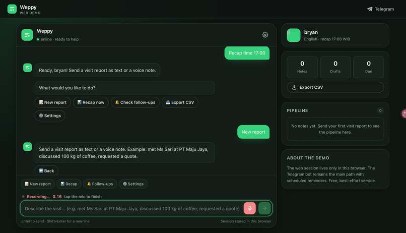 Weppy — Public Sales Pipeline Assistant (Telegram + Web) – screenshot 2