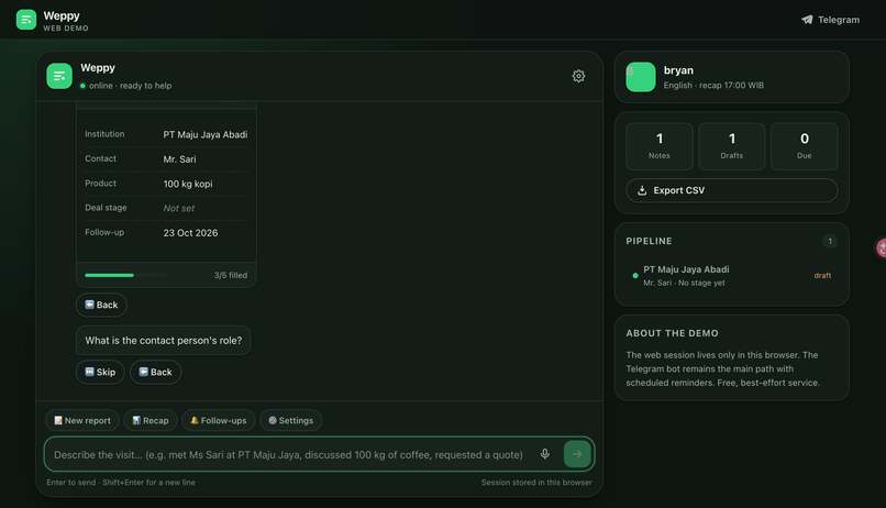 Weppy — Public Sales Pipeline Assistant (Telegram + Web) – screenshot 3
