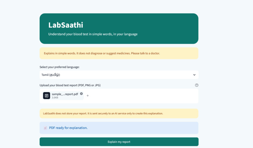 LabSaathi: Lab Report Explainer in 5 Indian Languages – screenshot 1