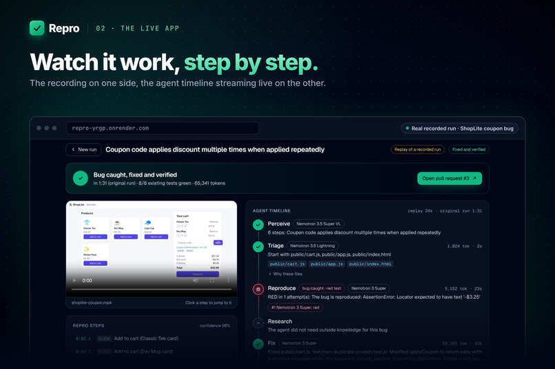 Repro: Show it the bug. It ships the fix. – screenshot 3