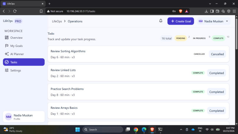 LifeOps : AI-Powered Goal Planning and Execution Platform – screenshot 4