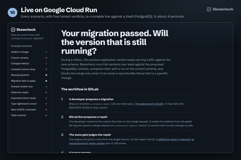Skewcheck: migration gate with a GitLab Duo repair agent – screenshot 11