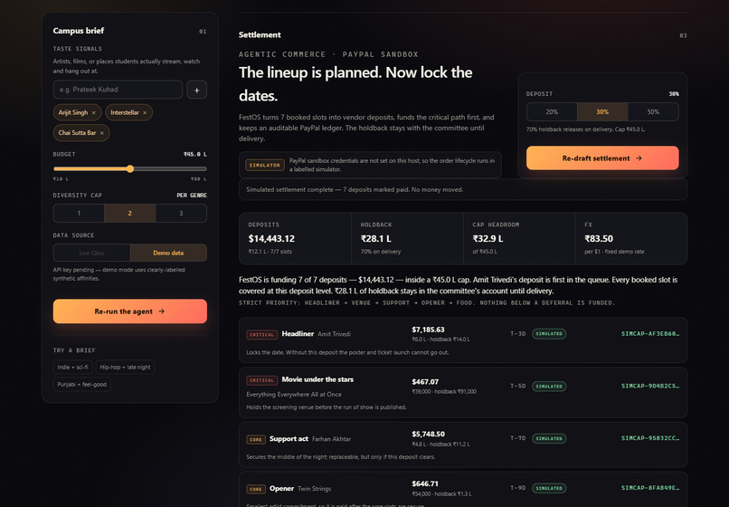 FestOS Settlement — agentic deposits for campus fests – screenshot 1