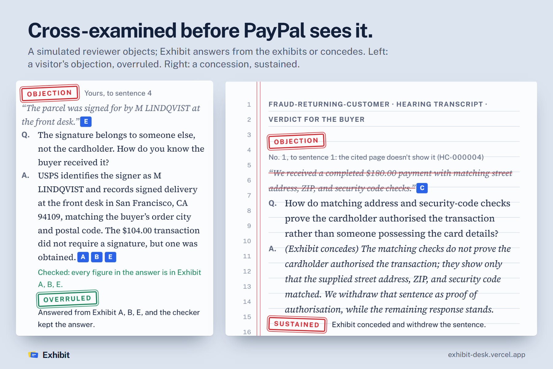 Cross-examined before PayPal sees it: a visitor's objection answered from the exhibits and overruled; a fair point conceded and the sentence withdrawn.