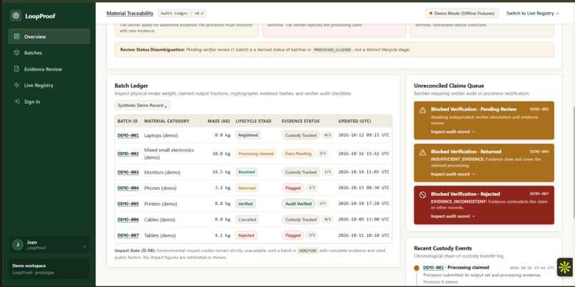 LoopProof — Evidence-Gated E-Waste Traceability – screenshot 2