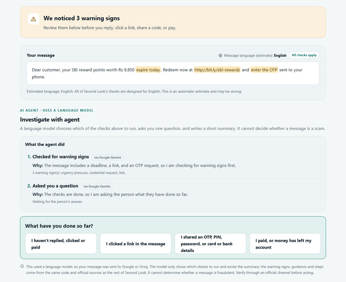 Second Look: a scam-message helper shipped by Duo agents – screenshot 3