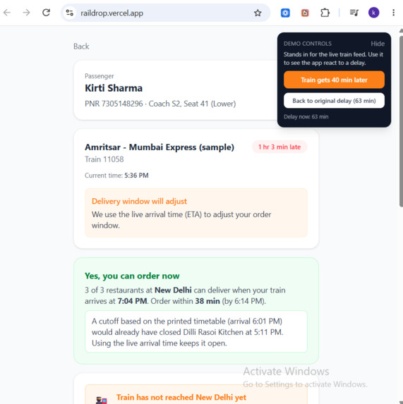 RailDrop: live order window for IRCTC eCatering – screenshot 2