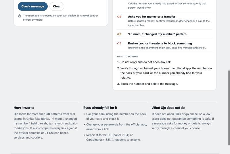 Ojo: scam message checker for Chile – screenshot 2
