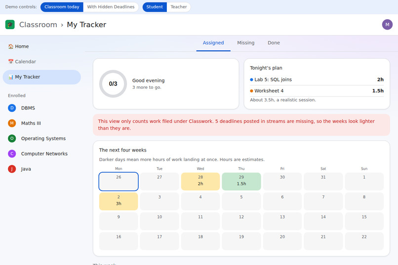 Google Classroom: My Tracker + Hidden Deadlines – screenshot 1