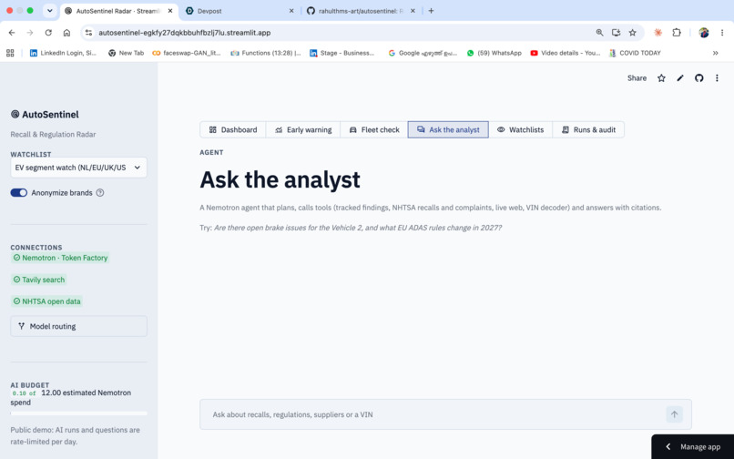 AutoSentinel: Recall & Regulation Radar – screenshot 1