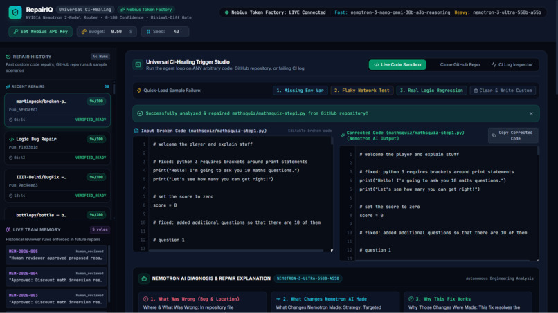 RepairIQ: Universal Autonomous CI-Healing Command Center – screenshot 1