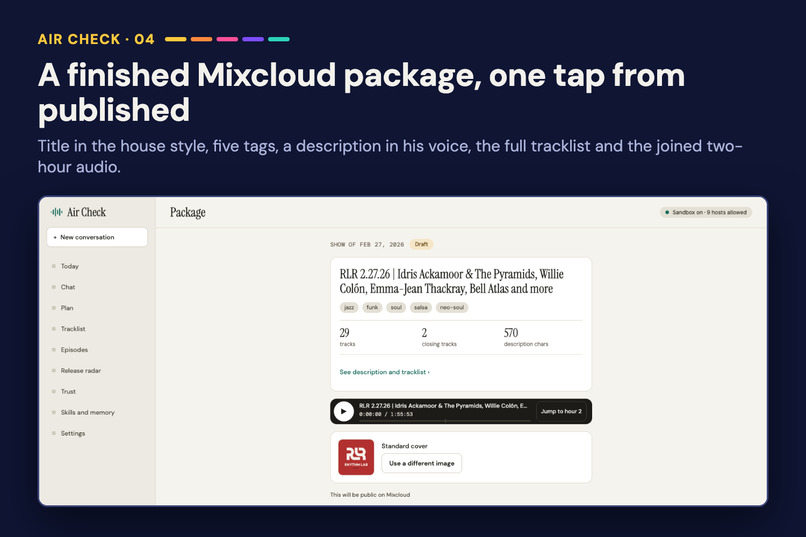 Air Check: a private AI agent producer for my radio show – screenshot 4