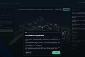 Aetherforge - AI agents invent a 3D city—then flood-test it