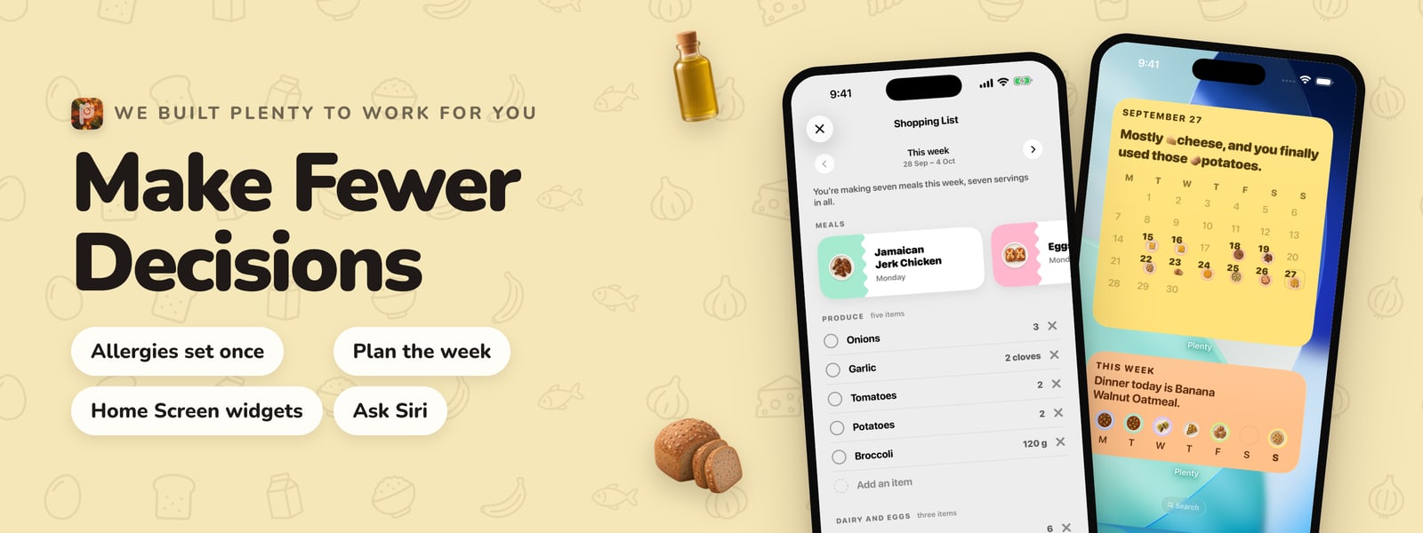 Make Fewer Decisions: allergies set once, plan the week, Home Screen widgets, ask Siri